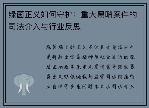 绿茵正义如何守护：重大黑哨案件的司法介入与行业反思